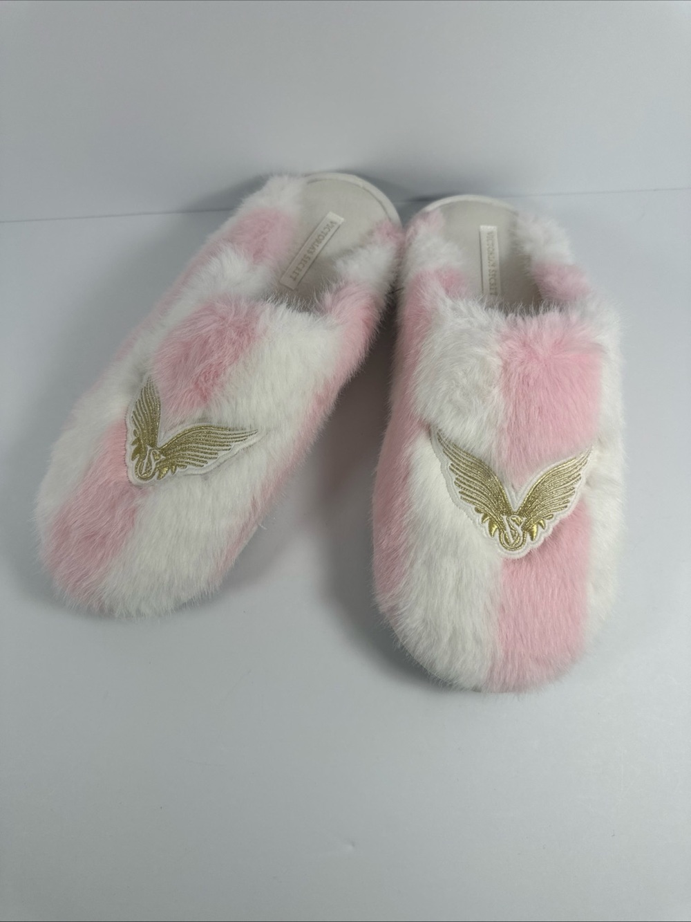 Victoria's Secret Pink & White Fuzzy Slip-On Slippers with Gold Wing Patch